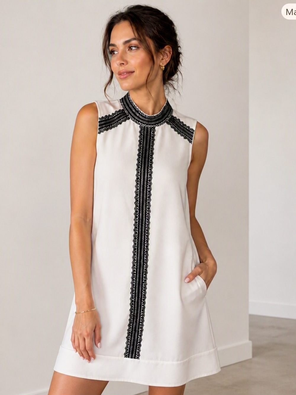 Sharagano Cream Shift Dress with Black Lace Trim